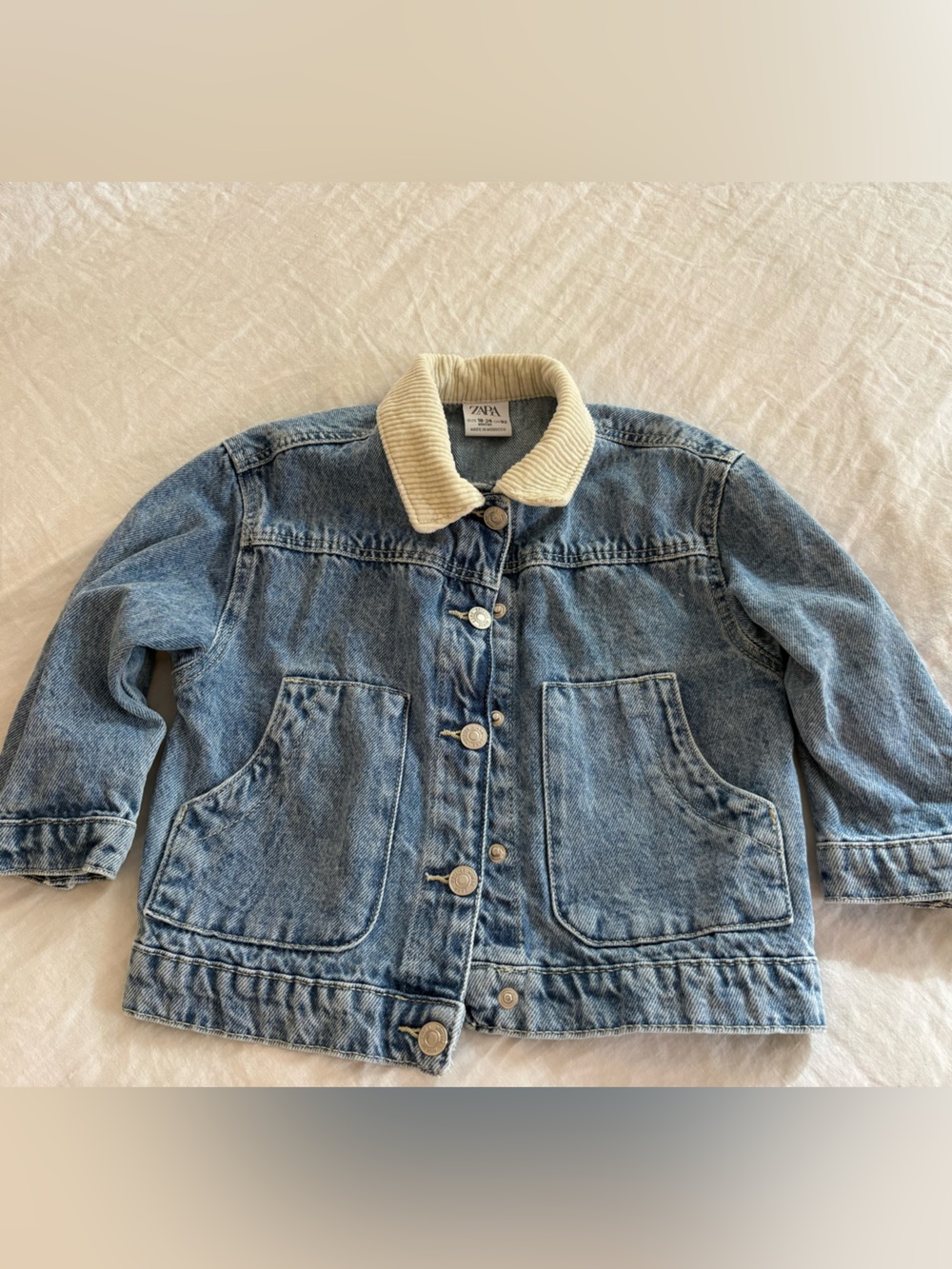 Zara Light Blue Denim Jacket with Cream Cord Collar
